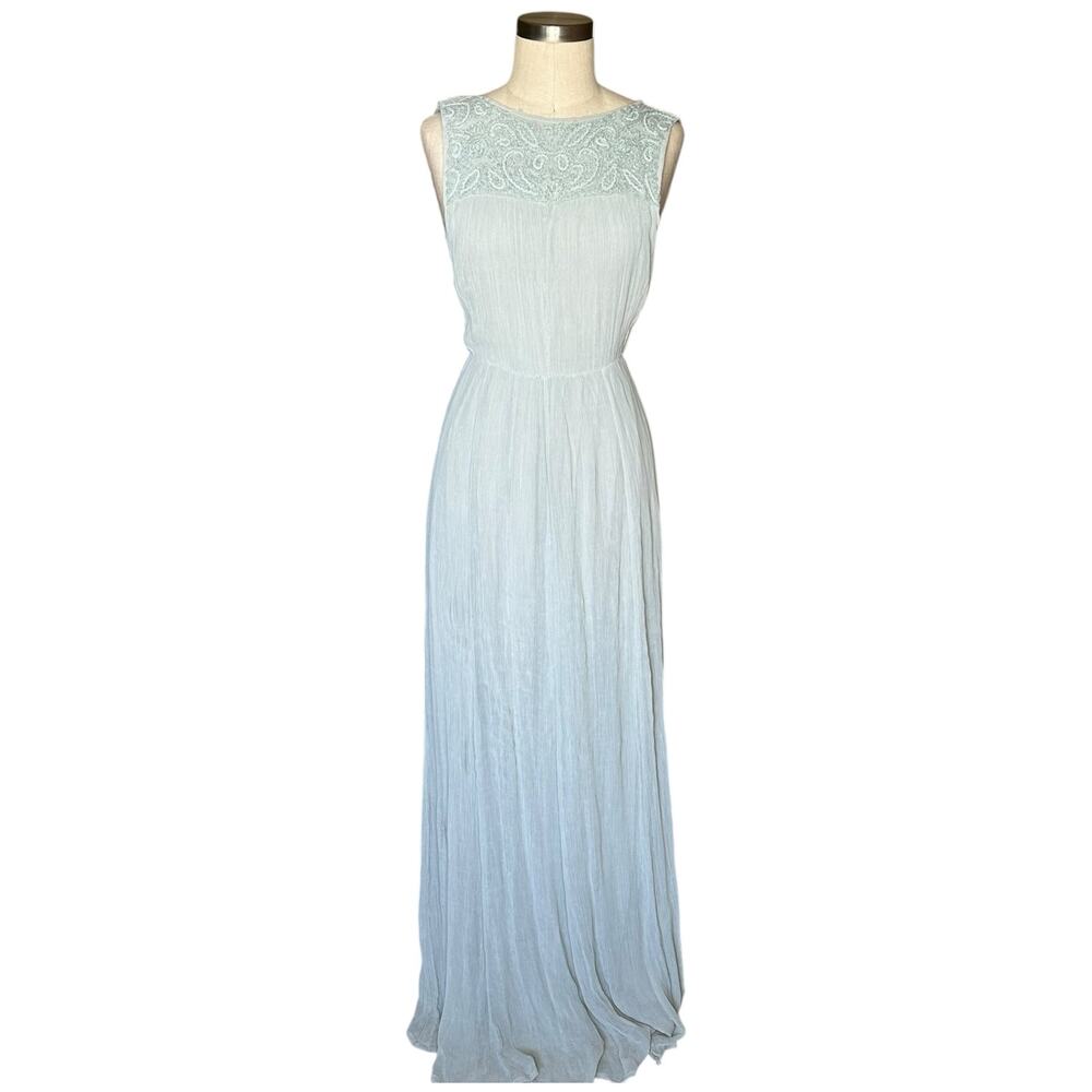 BHLDN Dusty Blue‎ Crinkle Chiffon Maxi Dress Women's Size 0 Crepe Embroidered